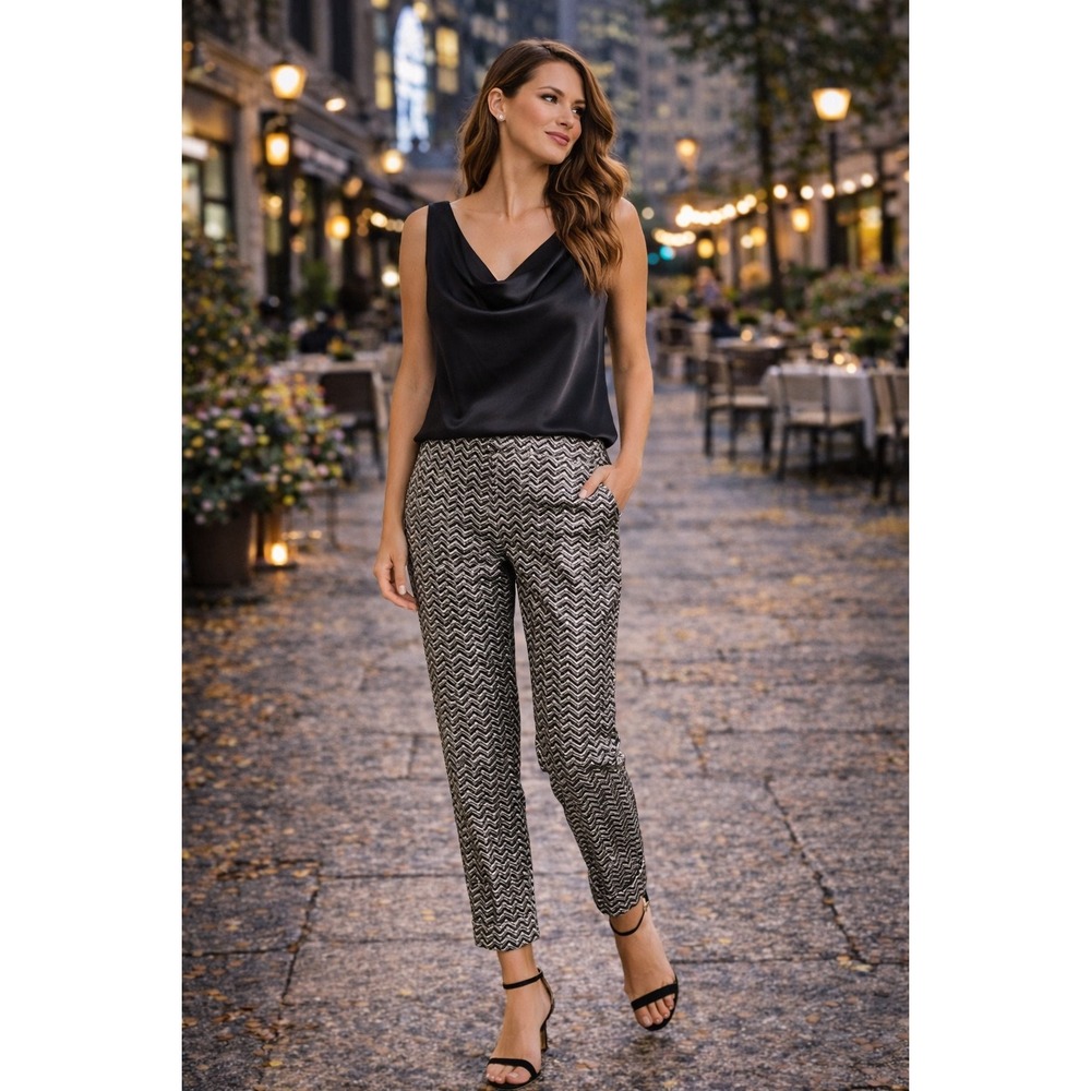 NWT Trina Turk Banshee Pants Straight Leg Metallic Chevron Patterned Size 6